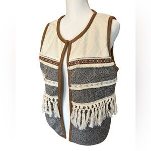 Bohemian Vest with fringe in Cream‎ & Gray 20” p to pShoulder to hem 23”